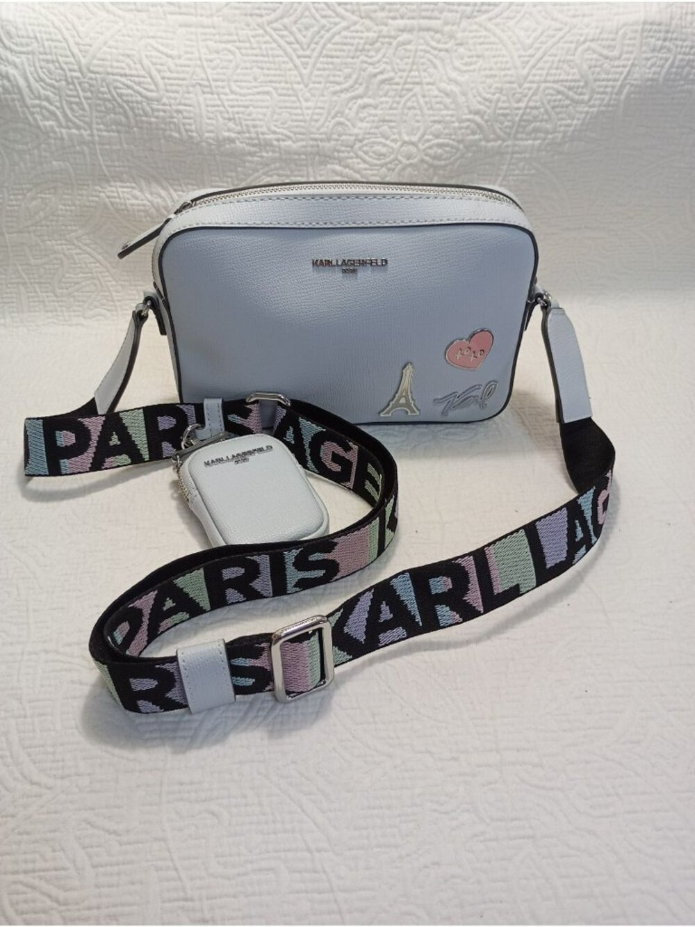 Karl Lagerfeld Paris Crossbody Bag Adjustable Strap Coin Pouch Eiffel Tower
